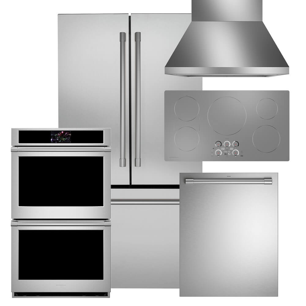 5 Piece Kitchen Package with 30 Freestanding Electric Range 30 Under Cabinet Range Hood 24 Built-in Fully Integrated Dishwasher, French Door